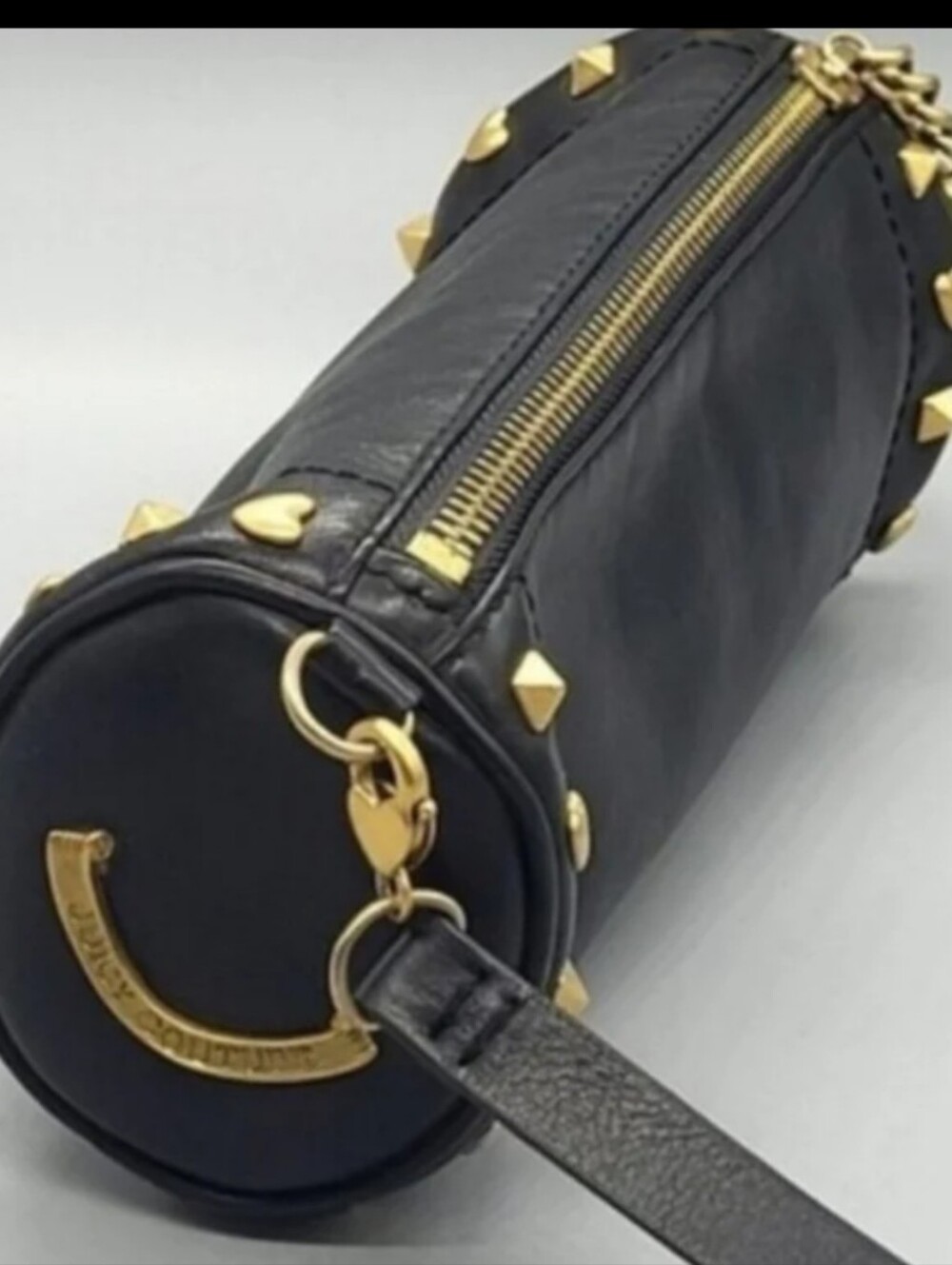 Juicy Couture Y2k Cylinder Shape Black Genuine Leather Wristlet With Brass Studs